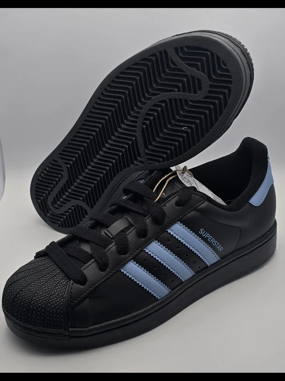 Adidas Superstar Black Sneaker with Light Blue Stripes